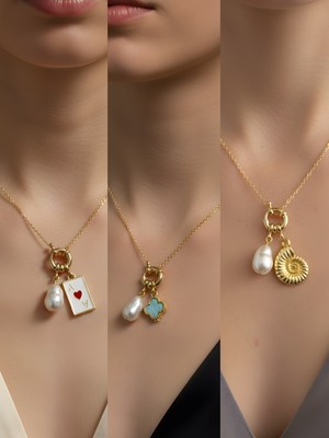 NKT Collection Deniz Kabuğu Turkuaz Yonca Beyaz Yonca Incili Kolye