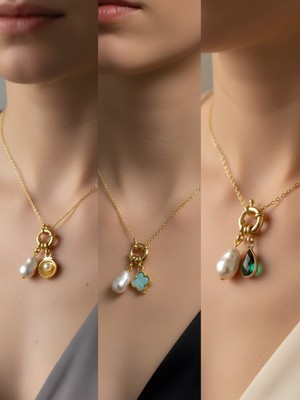 NKT Collection Zümrüt Yeşili Damla Turkuaz Yonca Midye Incili Kolye