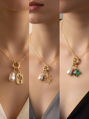 NKT Collection Zümrüt Yeşili Yıldız Güneş Kaktüs Incili Kolye