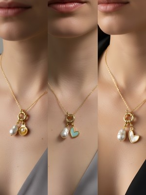 NKT Collection Beyaz Kalp Midye Turkuaz Kalp Incili Kolye