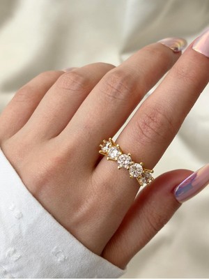 Kadın Gold Renk Yarım Tur Tektaş Yüzük