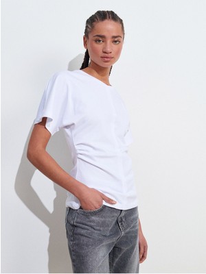 Dilvin 31585 Drape Detaylı T-Shirt-Beyaz