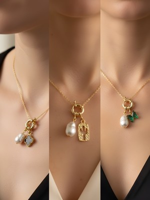 NKT Collection Zümrüt Yeşili Kelebek Kaktüs Deniz Yıldızı Incili Kolye