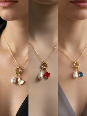 NKT Collection Turkuaz Damla Beyaz Kalp Kırmızı Yonca Incili Kolye