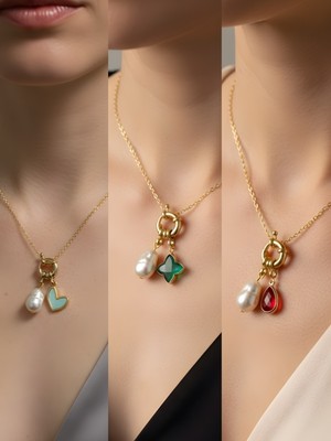 NKT Collection Kırmızı Damla Zümrüt Yeşili Yıldız Turkuaz Kalp Incili Kolye