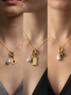 NKT Collection Zümrüt Yeşili Kelebek Külçe Altın Turkuaz Kalp Incili Kolye