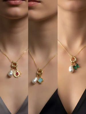 NKT Collection Zümrüt Yeşili Kelebek Turkuaz Yonca Ay Güneş Incili Kolye