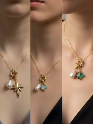 NKT Collection Zümrüt Yeşili Yıldız Turkuaz Yonca Kutup Yıldızı Incili Kolye