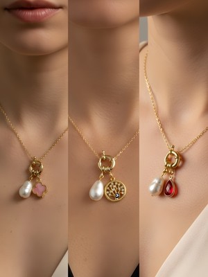 NKT Collection Kırmızı Damla Hayat Ağacı Pembe Yonca Incili Kolye