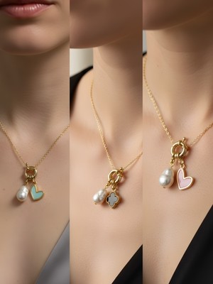 NKT Collection Pembe Kalp Siyah Yonca Kupa As Incili Kolye