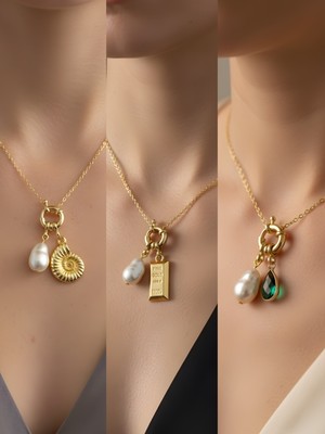 NKT Collection Zümrüt Yeşili Damla Deniz Kabuğu Külçe Altın Incili Kolye