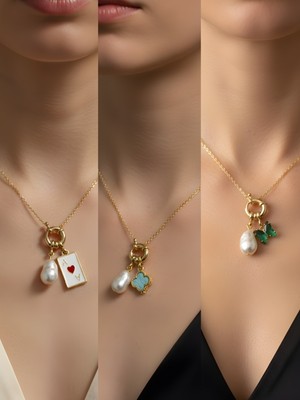 NKT Collection Zümrüt Yeşili Kelebek Turkuaz Yonca Kupa As Incili Kolye