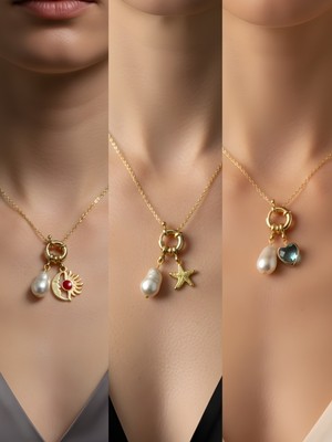 NKT Collection Turkuaz Kalp Deniz Yıldızı Ay Güneş Incili Kolye