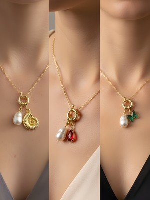 NKT Collection Kırmızı Damla Zümrüt Yeşili Kelebek Deniz Kabuğu Incili Kolye
