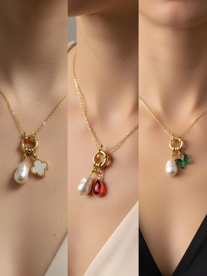 NKT Collection Kırmızı Damla Zümrüt Yeşili Kelebek Beyaz Yonca Incili Kolye