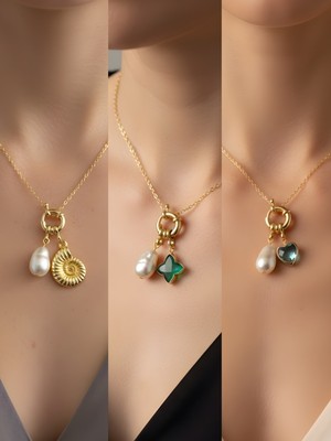 NKT Collection Turkuaz Kalp Zümrüt Yeşili Yıldız Pembe Kalp Incili Kolye