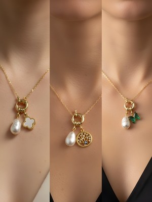 NKT Collection Zümrüt Yeşili Kelebek Güneş Kabartma Kalp Incili Kolye