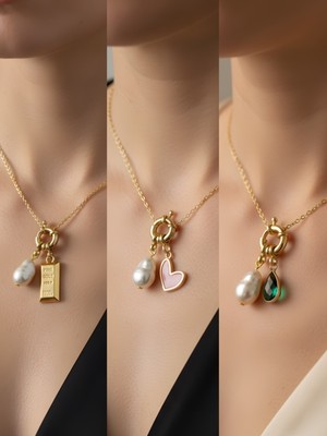 NKT Collection Zümrüt Yeşili Damla Pembe Kalp Külçe Altın Incili Kolye