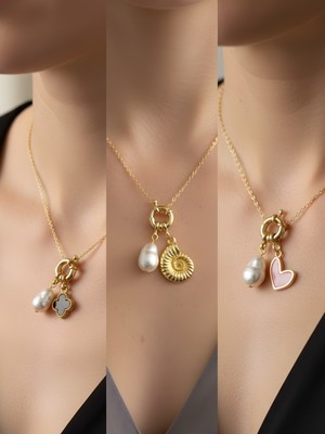 NKT Collection Pembe Kalp Deniz Kabuğu Deniz Yıldızı Incili Kolye