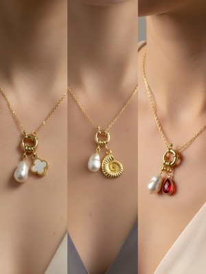 NKT Collection Kırmızı Damla Deniz Kabuğu Beyaz Yonca Incili Kolye