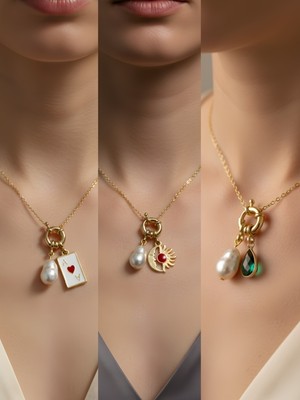 NKT Collection Zümrüt Yeşili Damla Ay Güneş Kupa As Incili Kolye