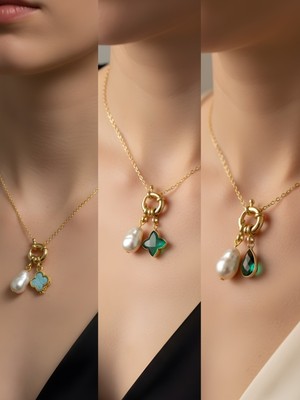 NKT Collection Zümrüt Yeşili Damla Zümrüt Yeşili Yıldız Turkuaz Yonca Incili Kolye