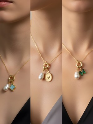 NKT Collection Zümrüt Yeşili Kelebek Kabartma Kalp Pembe Yonca Incili Kolye