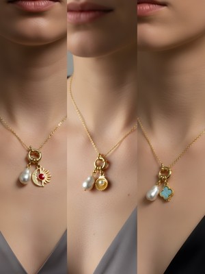 NKT Collection Turkuaz Yonca Midye Turkuaz Kalp Incili Kolye