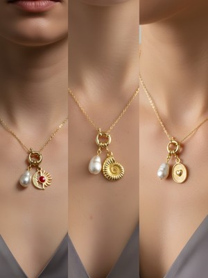 NKT Collection Kabartma Kalp Deniz Kabuğu Ay Güneş Incili Kolye