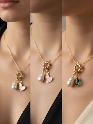 NKT Collection Zümrüt Yeşili Damla Pembe Kalp Beyaz Kalp Incili Kolye