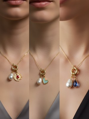 NKT Collection Mavi Damla Ay Güneş Turkuaz Kalp Incili Kolye