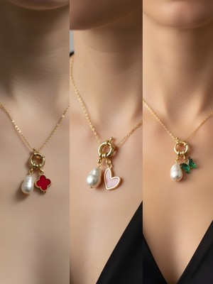 NKT Collection Zümrüt Yeşili Kelebek Pembe Kalp Siyah Yonca Incili Kolye