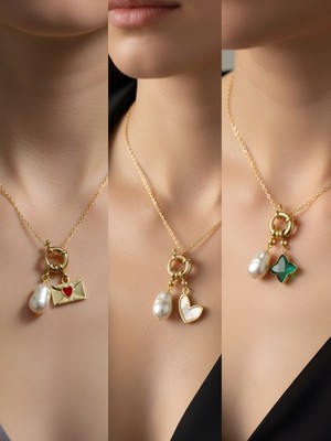 NKT Collection Zümrüt Yeşili Yıldız Beyaz Kalp Kalpli Zarf Incili Kolye