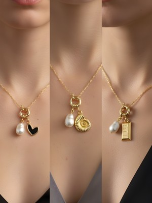 NKT Collection Deniz Kabuğu Siyah Kalp Kırmızı Yonca Incili Kolye