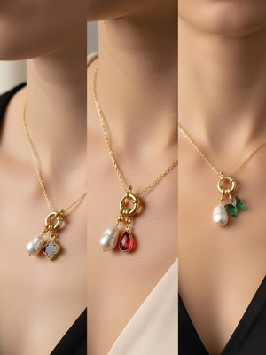 NKT Collection Kırmızı Damla Zümrüt Yeşili Kelebek Siyah Yonca Incili Kolye