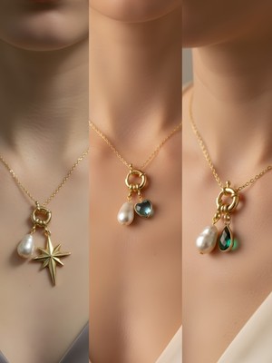 NKT Collection Turkuaz Kalp Zümrüt Yeşili Damla Midye Incili Kolye