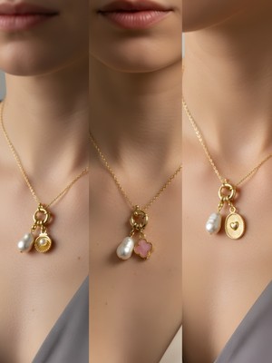 NKT Collection Kabartma Kalp Pembe Yonca Midye Incili Kolye