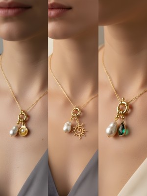 NKT Collection Zümrüt Yeşili Damla Güneş Midye Incili Kolye