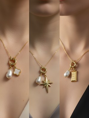 NKT Collection Külçe Altın Kalpli Zarf Ay Güneş Incili Kolye