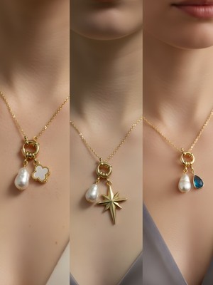 NKT Collection Turkuaz Damla Kutup Yıldızı Beyaz Yonca Incili Kolye