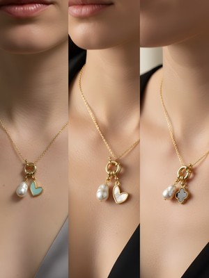 NKT Collection Beyaz Kalp Siyah Yonca Turkuaz Kalp Incili Kolye