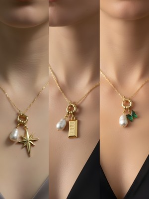 NKT Collection Zümrüt Yeşili Kelebek Külçe Altın Kalpli Zarf Incili Kolye