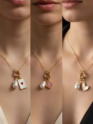 NKT Collection Beyaz Kalp Pembe Yonca Kupa As Incili Kolye