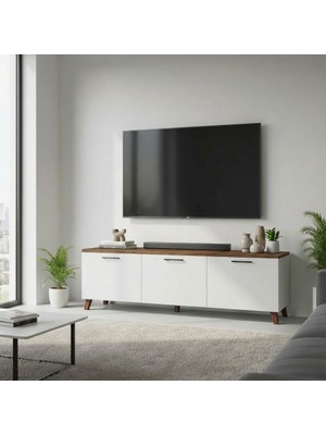 Tv Ünitesi, Çam-Beyaz Modern Tasarım, Kitaplık ve Dekoratif Eşya Depolama (Ceviz Ayak 150 * 30 * 30 Cm)