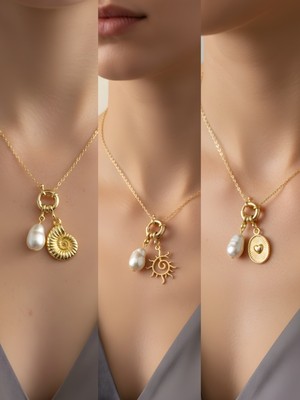 NKT Collection Güneş Kabartma Kalp Deniz Kabuğu Incili Kolye