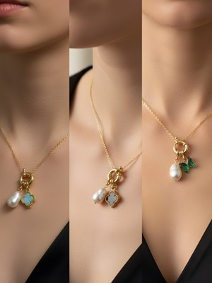 NKT Collection Zümrüt Yeşili Kelebek Siyah Yonca Pembe Yonca Incili Kolye