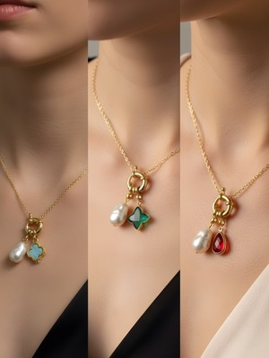 NKT Collection Kırmızı Damla Zümrüt Yeşili Yıldız Turkuaz Yonca Incili Kolye