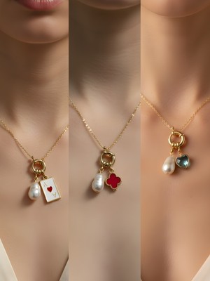 NKT Collection Turkuaz Kalp Kırmızı Yonca Kupa As Incili Kolye