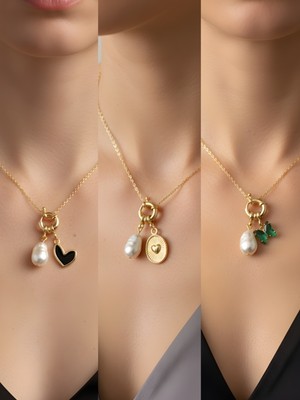 NKT Collection Zümrüt Yeşili Kelebek Kabartma Kalp Beyaz Kalp Incili Kolye