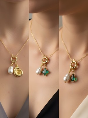 NKT Collection Zümrüt Yeşili Damla Zümrüt Yeşili Yıldız Deniz Kabuğu Incili Kolye